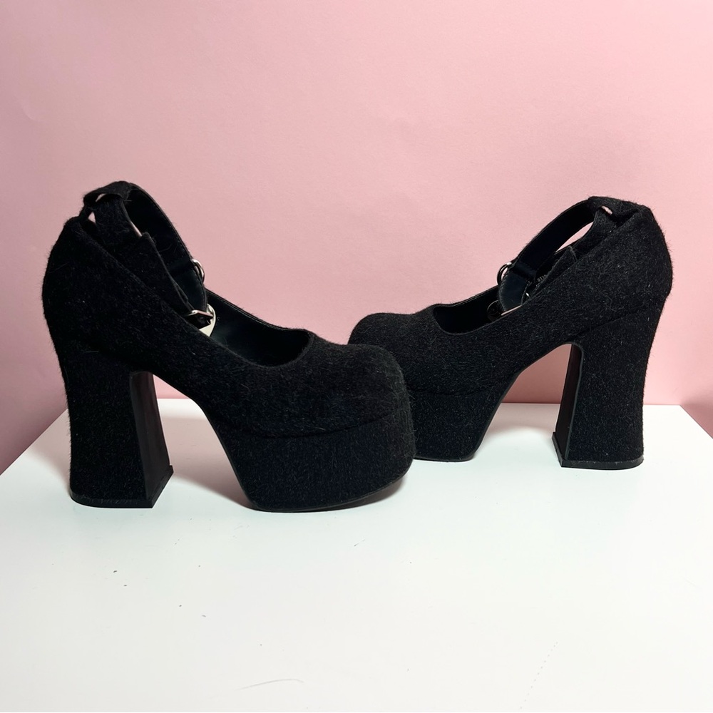 Y2k 2000s mcbling dollskill Sugar Trillz black fuzzy kitten platform heels - Picture 6 of 8
